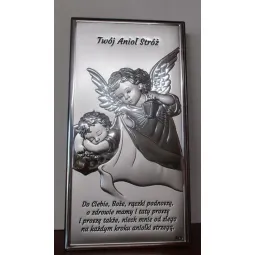 OBRAZEK SREBRNY ANIOŁEK NAD DZIECIĄTKIEM Z LATARENKĄ PAMIĄTKA CHRZTU ŚWIĘTEGO